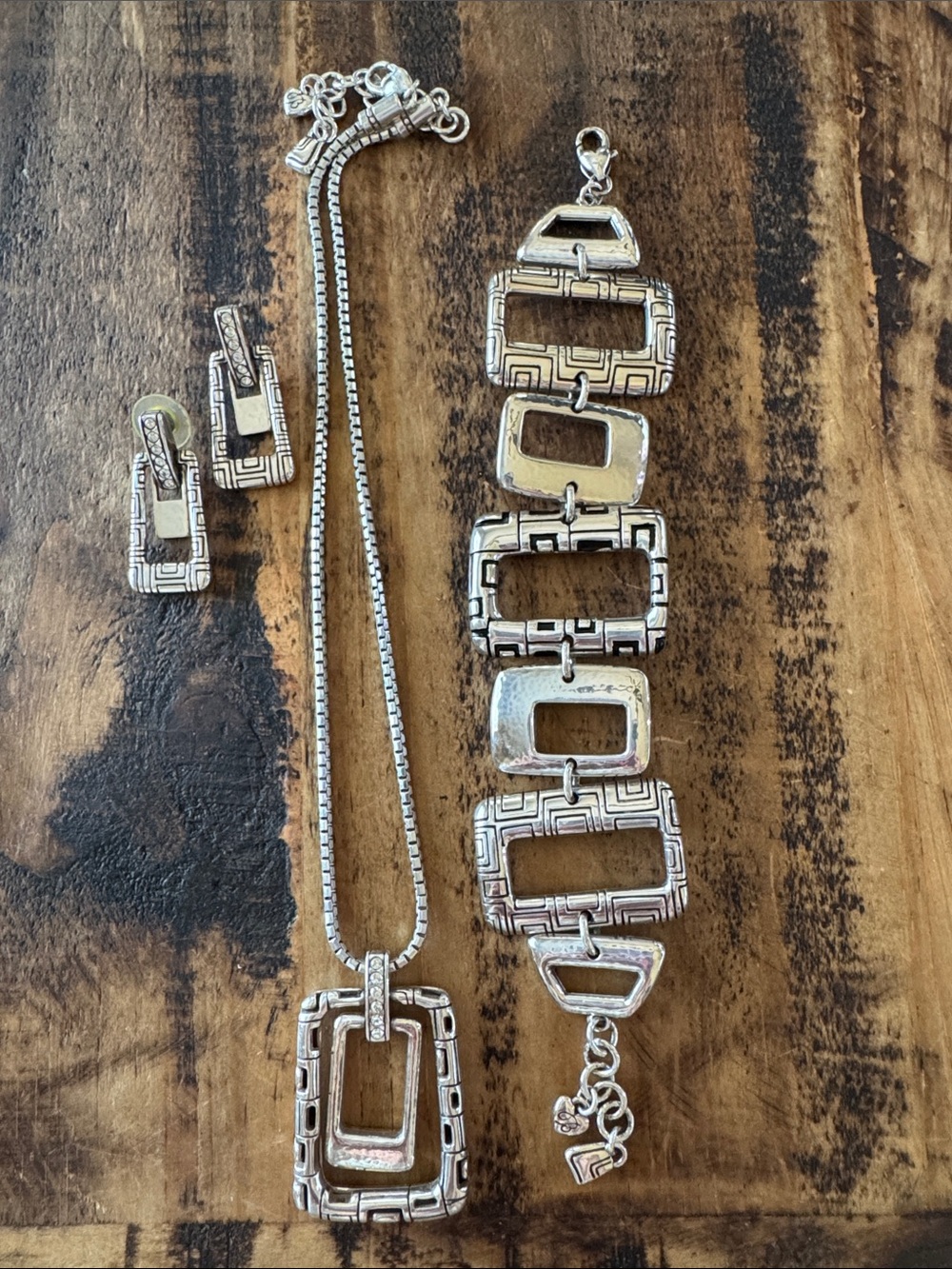 Retired Brighton ‘nexux’ Silver Geometric Link Necklace, Bracelet & Earring Set